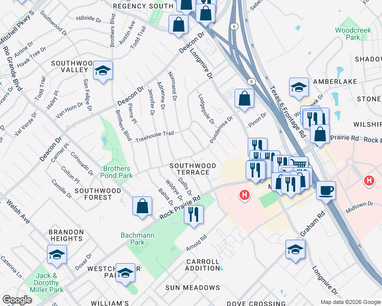 map of restaurants, bars, coffee shops, grocery stores, and more near 3104 Normand Drive in College Station