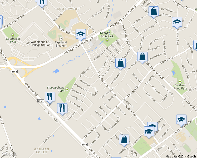 map of restaurants, bars, coffee shops, grocery stores, and more near 614 Navarro Dr in College Station