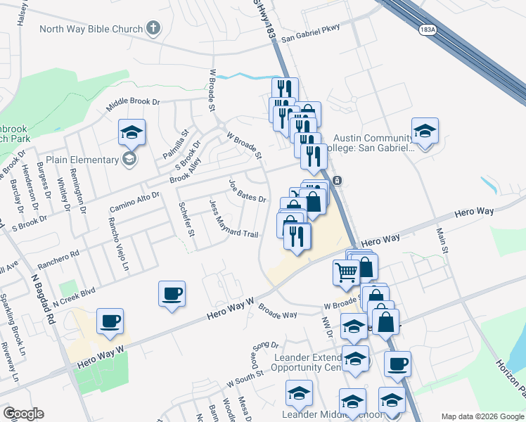 map of restaurants, bars, coffee shops, grocery stores, and more near 636 Joppa Road in Leander