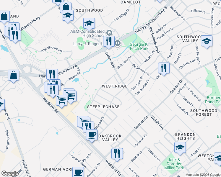 map of restaurants, bars, coffee shops, grocery stores, and more near 604 San Pedro Drive in College Station