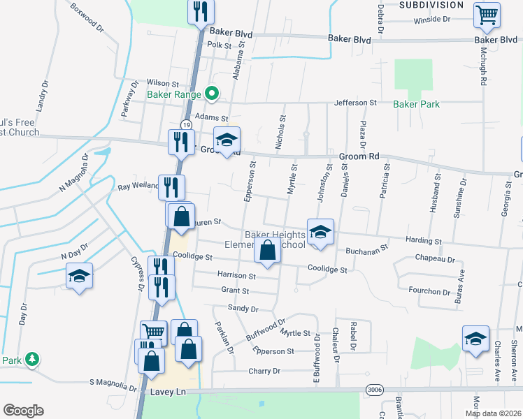 map of restaurants, bars, coffee shops, grocery stores, and more near 930 Epperson Street in Baker