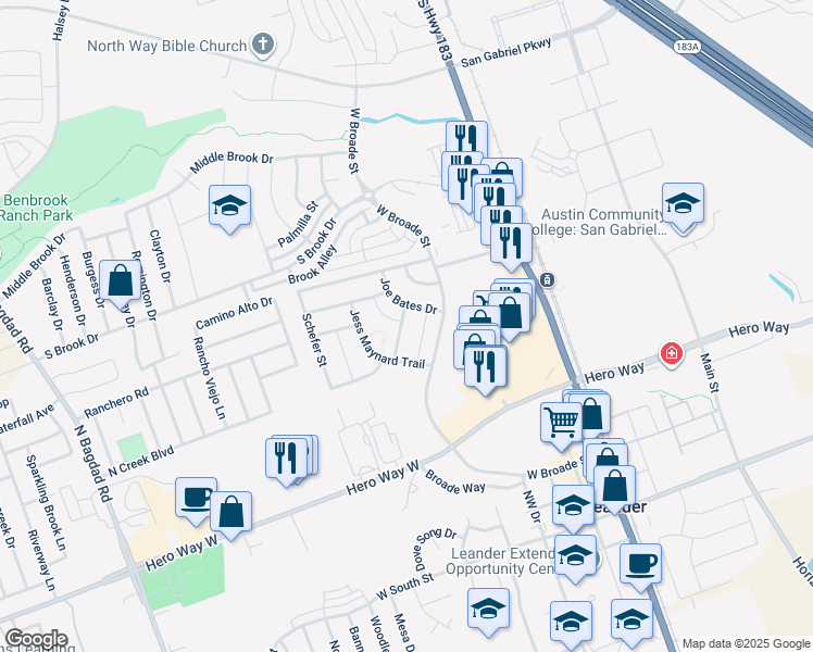 map of restaurants, bars, coffee shops, grocery stores, and more near 628 Sawyer Trail in Leander