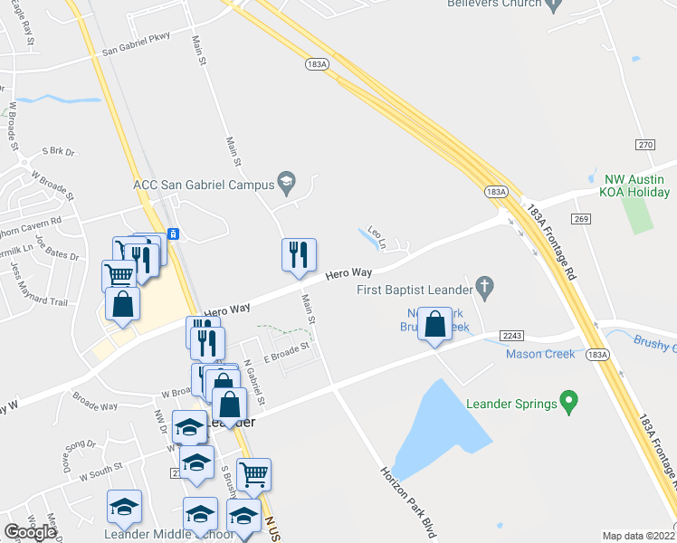 map of restaurants, bars, coffee shops, grocery stores, and more near 1590 Hero Way in Leander