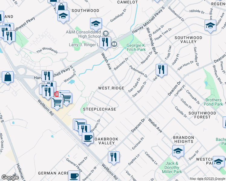 map of restaurants, bars, coffee shops, grocery stores, and more near 604 San Pedro Drive in College Station