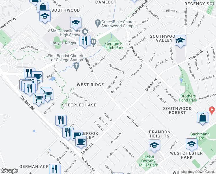 map of restaurants, bars, coffee shops, grocery stores, and more near 711 San Saba Drive in College Station