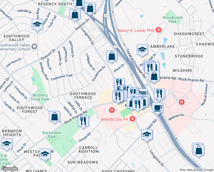 map of restaurants, bars, coffee shops, grocery stores, and more near 3340 Lodgepole Circle in College Station