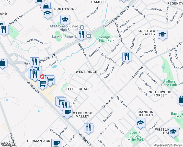 map of restaurants, bars, coffee shops, grocery stores, and more near 614 Navarro Drive in College Station