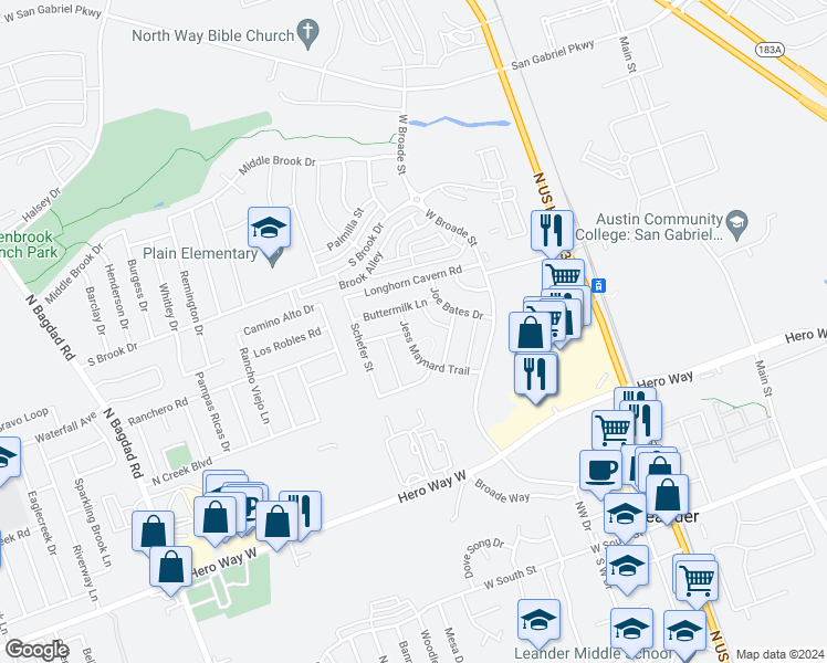 map of restaurants, bars, coffee shops, grocery stores, and more near 640 Jess Maynard Trail in Leander