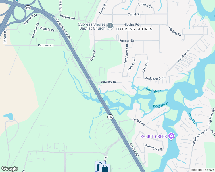 map of restaurants, bars, coffee shops, grocery stores, and more near 4303 Downey Drive in Mobile