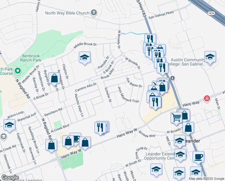map of restaurants, bars, coffee shops, grocery stores, and more near 601 Flag Lane in Leander