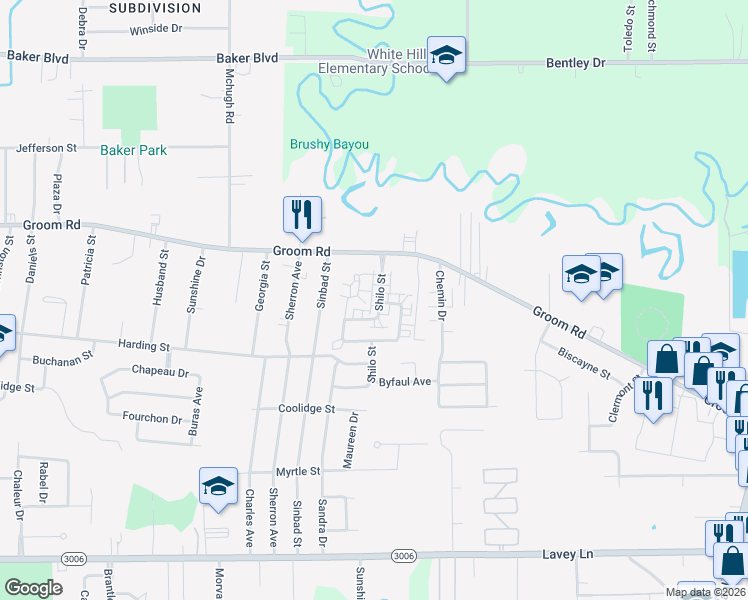 map of restaurants, bars, coffee shops, grocery stores, and more near 1110 Shilo Street in Baker