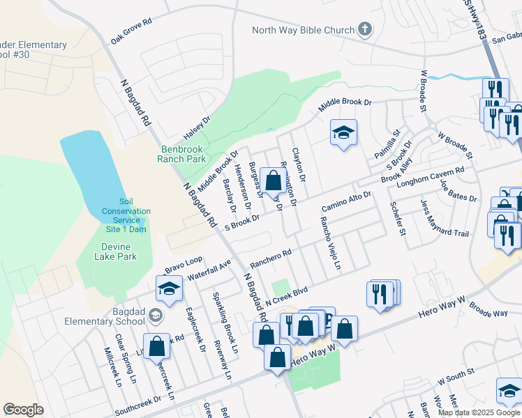 map of restaurants, bars, coffee shops, grocery stores, and more near 1003 Burgess Drive in Leander