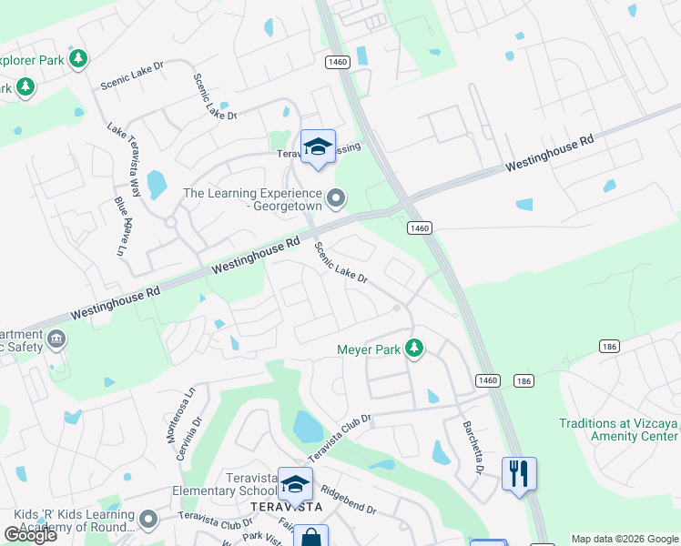 map of restaurants, bars, coffee shops, grocery stores, and more near 4750 Scenic Lake Drive in Georgetown