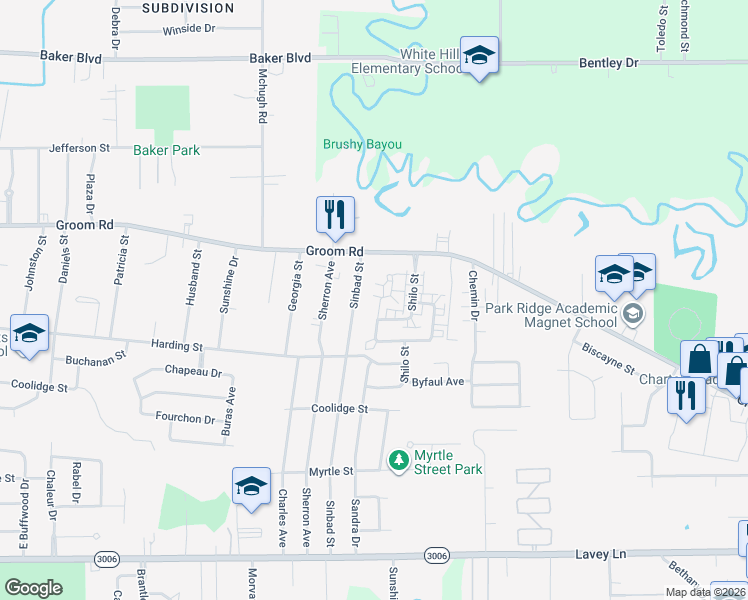 map of restaurants, bars, coffee shops, grocery stores, and more near 1027A Barrington Drive in Baker