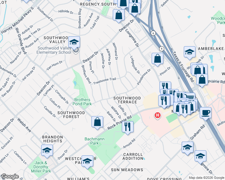 map of restaurants, bars, coffee shops, grocery stores, and more near 3013 Adrienne Drive in College Station