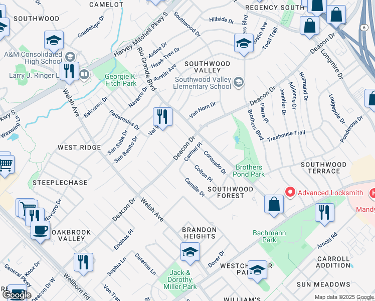 map of restaurants, bars, coffee shops, grocery stores, and more near 1003 Carmel Place in College Station