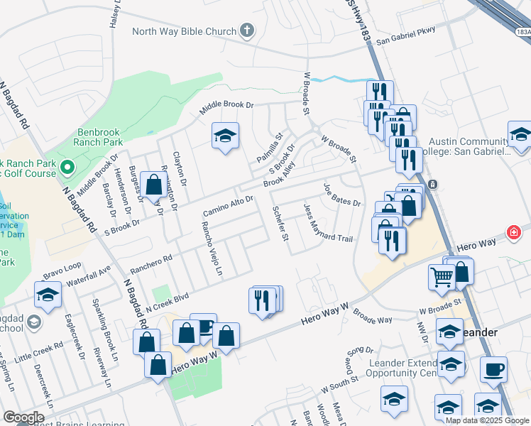 map of restaurants, bars, coffee shops, grocery stores, and more near 818 San Vicente Dr in Leander