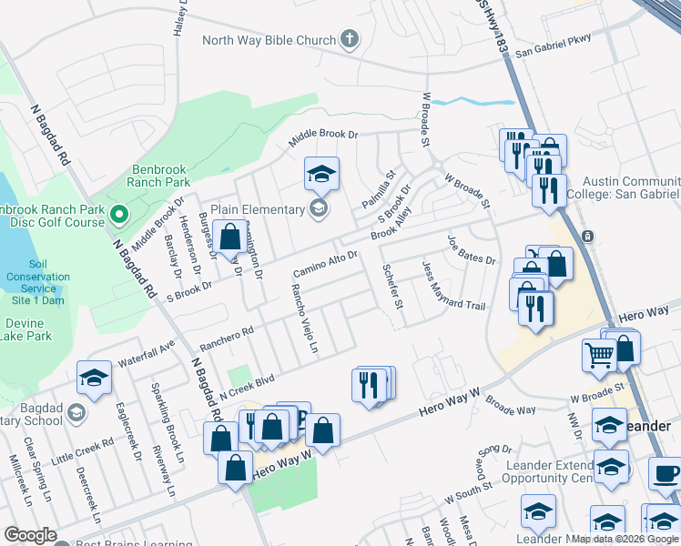 map of restaurants, bars, coffee shops, grocery stores, and more near 611 Los Robles Road in Leander