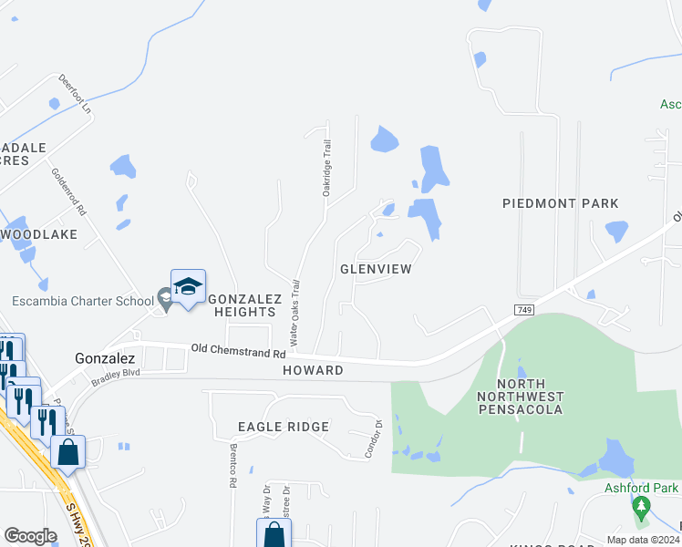 map of restaurants, bars, coffee shops, grocery stores, and more near 1230 Lake Drive in Gonzalez