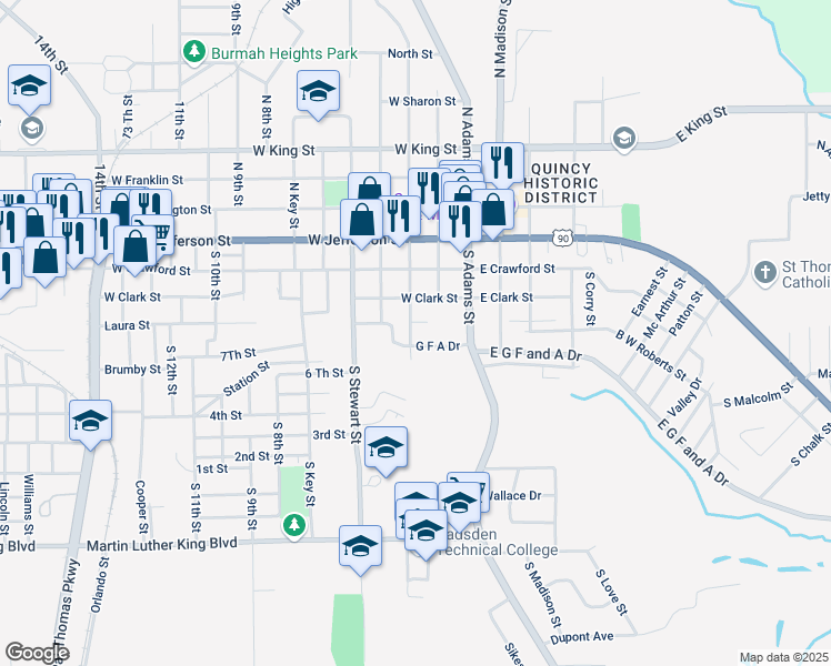 map of restaurants, bars, coffee shops, grocery stores, and more near 229 South Jackson Street in Quincy