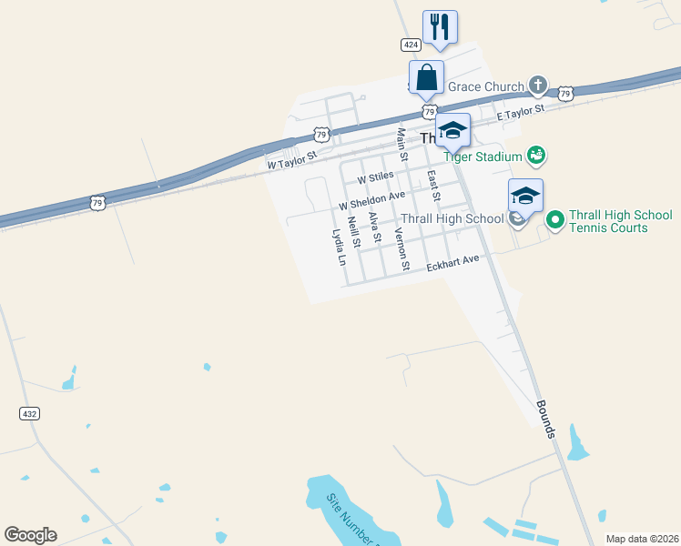 map of restaurants, bars, coffee shops, grocery stores, and more near 506 Lydia Lane in Thrall