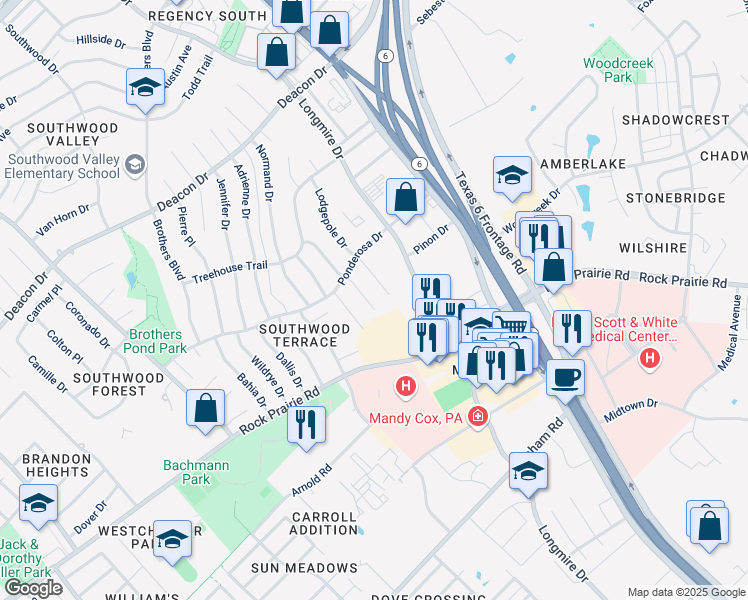 map of restaurants, bars, coffee shops, grocery stores, and more near 3329 Bluestem Circle in College Station