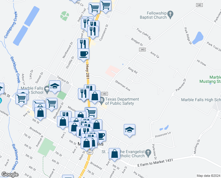 map of restaurants, bars, coffee shops, grocery stores, and more near 1607 Mormon Mill Road in Marble Falls
