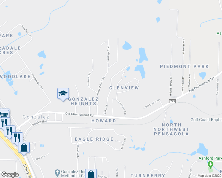 map of restaurants, bars, coffee shops, grocery stores, and more near 1230A Lake Drive in Gonzalez