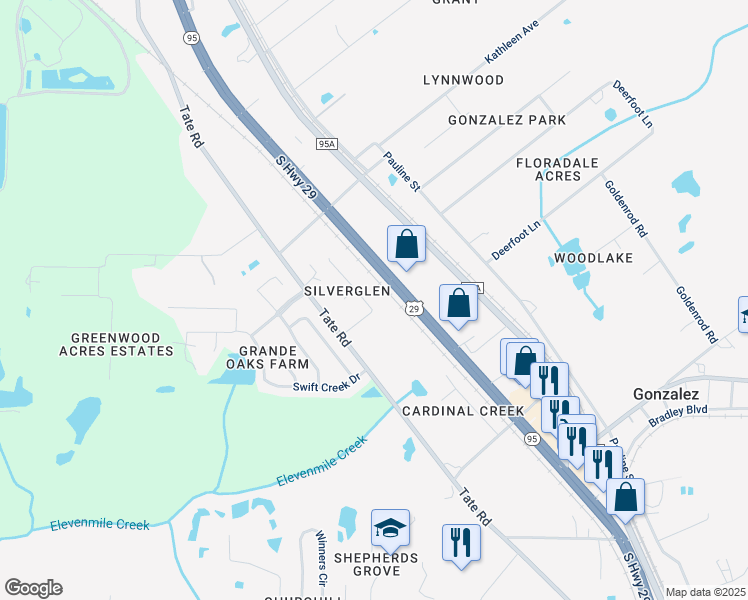 map of restaurants, bars, coffee shops, grocery stores, and more near 1284 Plata Canada Drive in Gonzalez