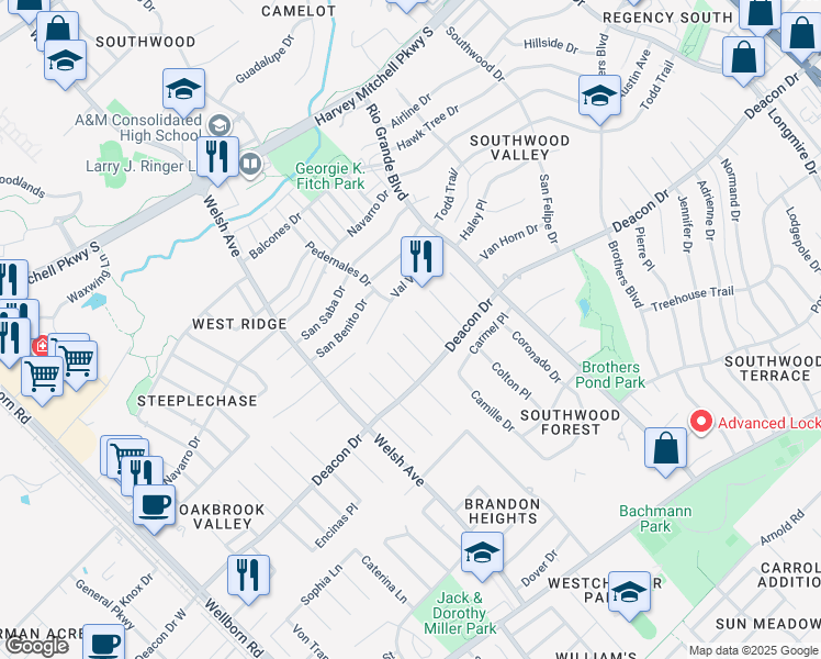 map of restaurants, bars, coffee shops, grocery stores, and more near 2803 Manzano Court in College Station