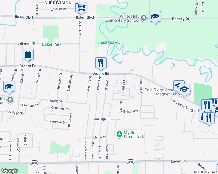 map of restaurants, bars, coffee shops, grocery stores, and more near 1047 Sinbad Street in Baker