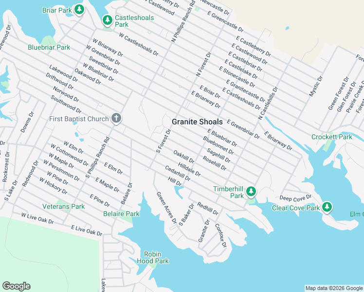 map of restaurants, bars, coffee shops, grocery stores, and more near 216 Rosehill Drive in Granite Shoals