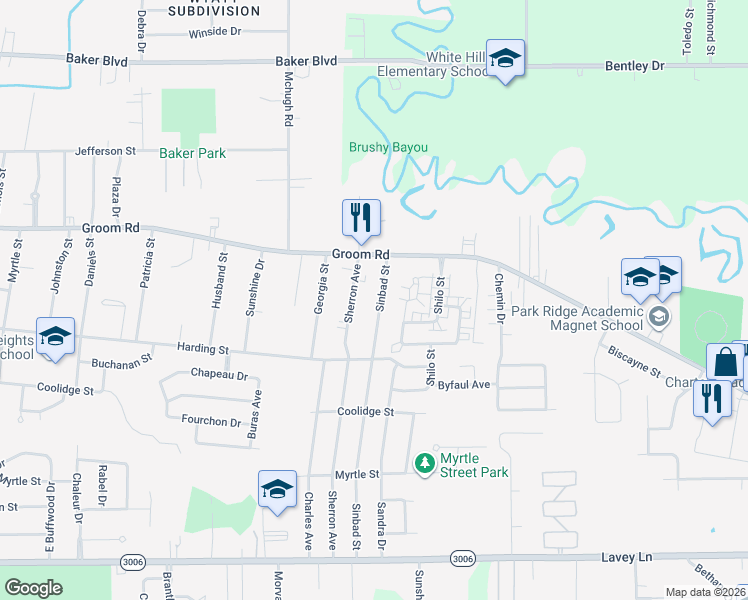 map of restaurants, bars, coffee shops, grocery stores, and more near 1047 Sinbad Street in Baker