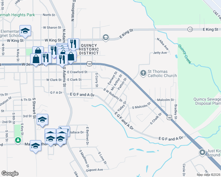 map of restaurants, bars, coffee shops, grocery stores, and more near 210 Mc Arthur Street in Quincy