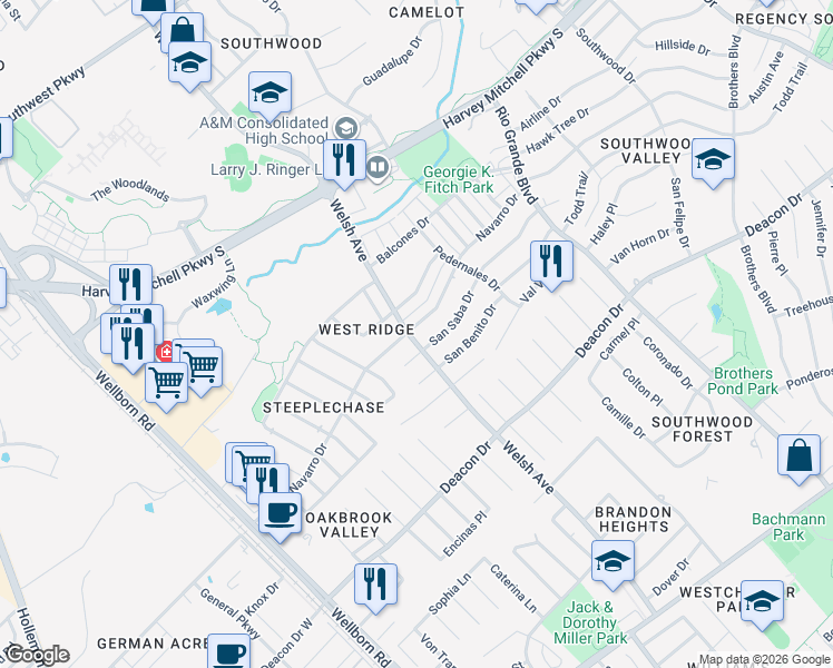 map of restaurants, bars, coffee shops, grocery stores, and more near 616 Navarro Drive in College Station