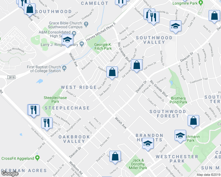 map of restaurants, bars, coffee shops, grocery stores, and more near 802 San Benito Drive in College Station