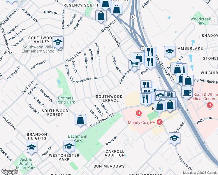 map of restaurants, bars, coffee shops, grocery stores, and more near Normand Drive in College Station