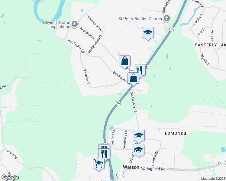 map of restaurants, bars, coffee shops, grocery stores, and more near 7978 Kingsley Drive in Denham Springs