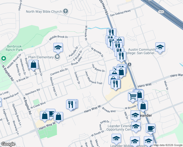 map of restaurants, bars, coffee shops, grocery stores, and more near 436 Bingham Point in Leander