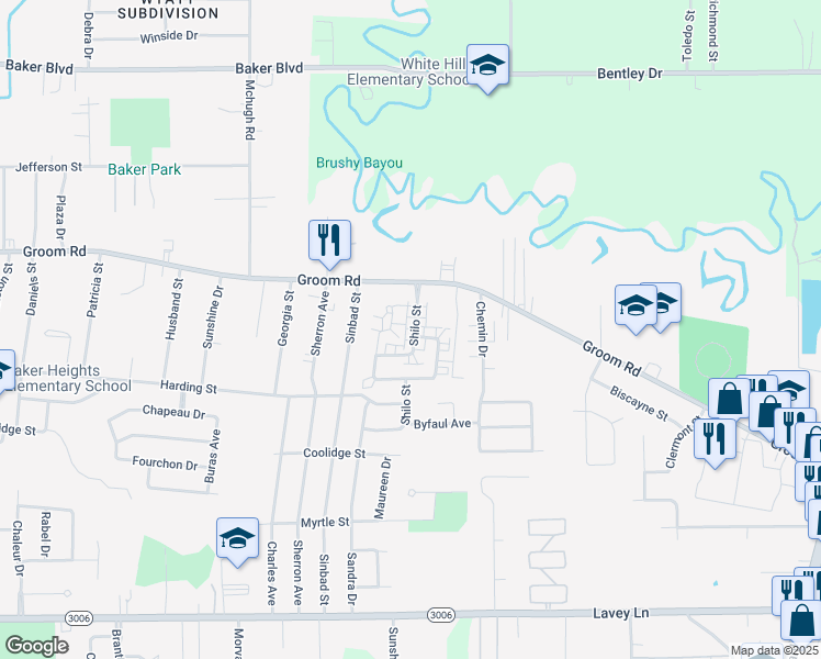 map of restaurants, bars, coffee shops, grocery stores, and more near 1115 Shilo Street in Baker