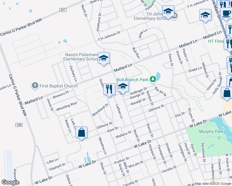 map of restaurants, bars, coffee shops, grocery stores, and more near 1304 Marshall Street in Taylor