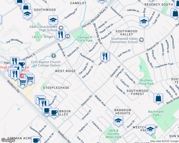 map of restaurants, bars, coffee shops, grocery stores, and more near 802 San Benito Drive in College Station