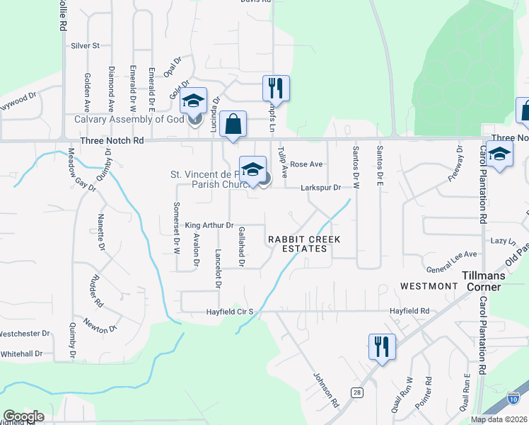 map of restaurants, bars, coffee shops, grocery stores, and more near 5000 Guinevere Drive in Mobile