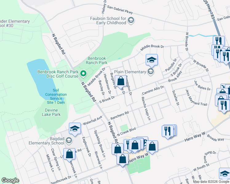 map of restaurants, bars, coffee shops, grocery stores, and more near 1003 Burgess Drive in Leander