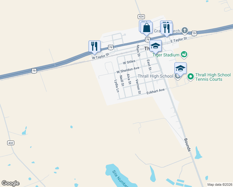 map of restaurants, bars, coffee shops, grocery stores, and more near 506 Lydia Lane in Thrall