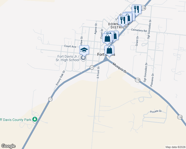 map of restaurants, bars, coffee shops, grocery stores, and more near 212 West Urquhart Avenue in Fort Davis