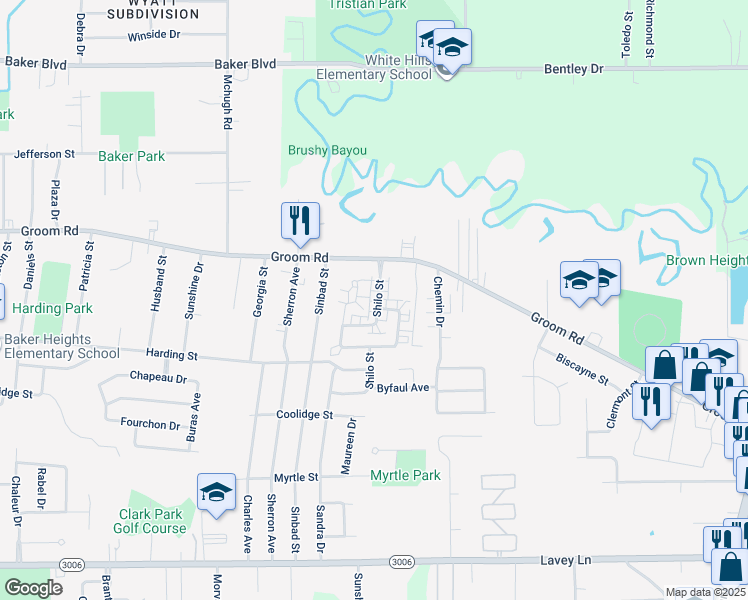 map of restaurants, bars, coffee shops, grocery stores, and more near 1110 Shilo Street in Baker