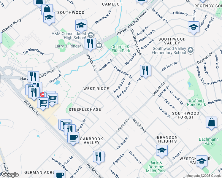 map of restaurants, bars, coffee shops, grocery stores, and more near 614 Navarro Drive in College Station