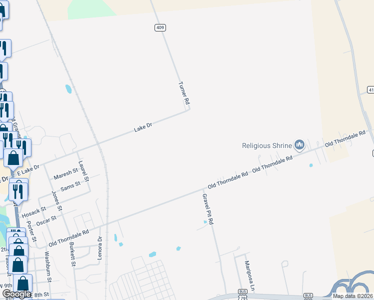 map of restaurants, bars, coffee shops, grocery stores, and more near 1407 Thorndale Road in Taylor