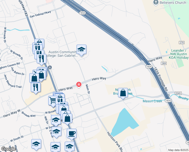 map of restaurants, bars, coffee shops, grocery stores, and more near 1680 Hero Way in Leander